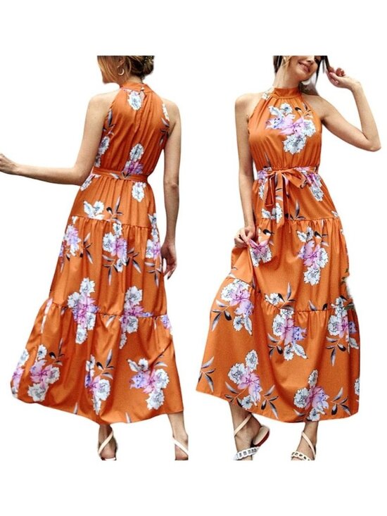 SHEIN Dresses & Skirts - SHEIN Women's Floral Print Halter Long A-Line Dress Orange/Multi Size Medium‎